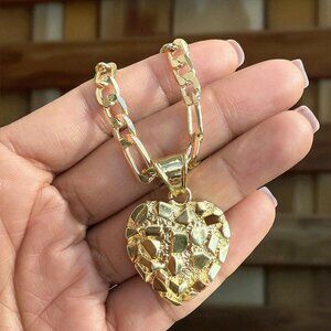 14k Gold Plated Luxury Nugget Love Heart Pendant Figaro Chain Necklace 18" 4mm
